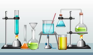 Beyaz arkaplanda bir dizi bilim ekipmanı