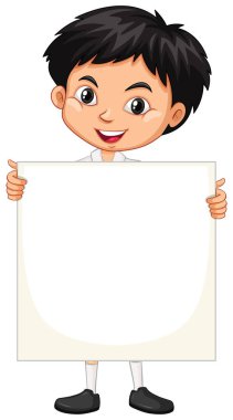 Boş tahtası olan mutlu bir çocuk.