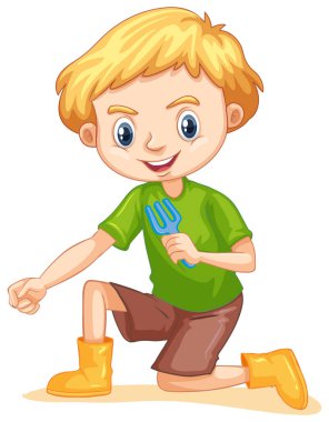 Bahçe çatallı mutlu bir çocuk.