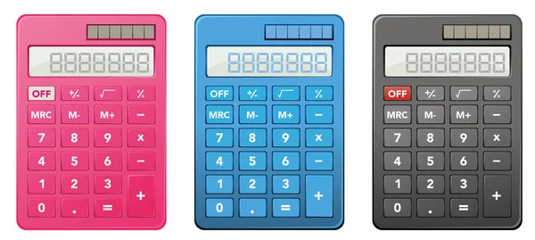 Calculadoras en tres colores diferentes — Vector de stock