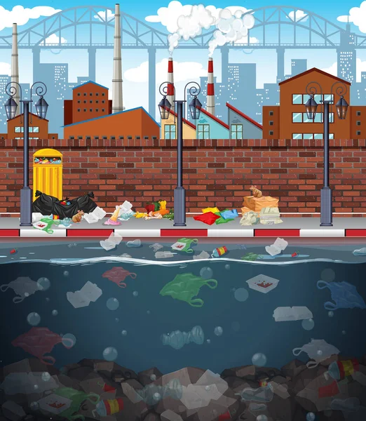 Water vervuiling met plastic zakken in de rivier — Stockvector