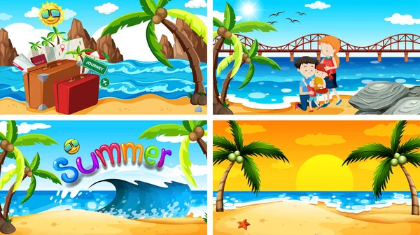 Four background scenes with summer on the beach — Stock Vector