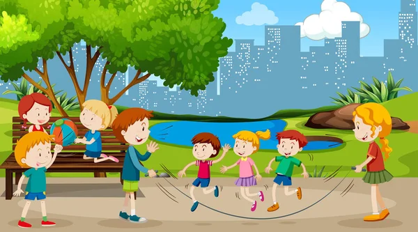Niños y niñas activos practicando deporte y actividades divertidas al aire libre — Vector de stock