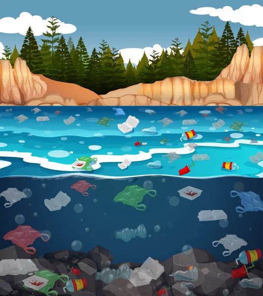 Water pollution with plastic bags in ocean — Stock Vector