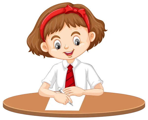 Una chica feliz escribiendo en el escritorio — Vector de stock