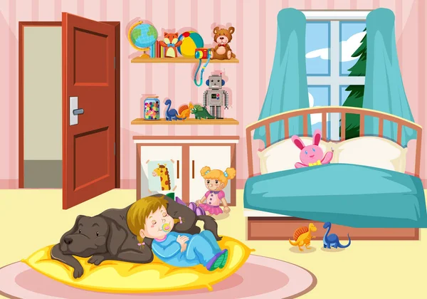 Chica durmiendo con perro en el dormitorio — Vector de stock