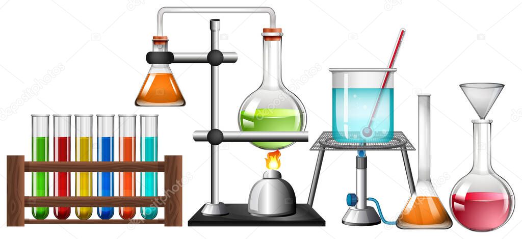Set of science equipments  on white background