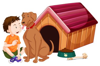 Erkek ve köpek köpek köpek kulübesinde.