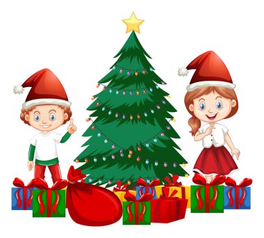 Oğlan ve kız Noel ağacının yanında