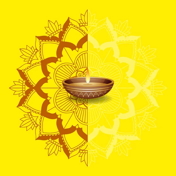 Mandala design et lumière de bougie sur fond jaune — Image vectorielle