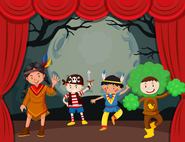 Halloween theme with kids in costume on stage