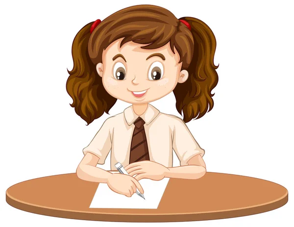 En lycklig flicka skriver på skrivbordet — Stock vektor