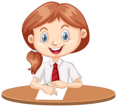 Kağıda yazan mutlu bir kız.