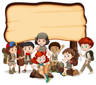 Çocuklu boş işaret şablonu ve tahta tabela