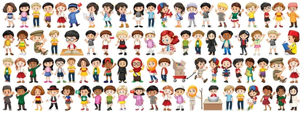 Crianças com nacionalidades diferentes em fundo branco —  Vetores de Stock