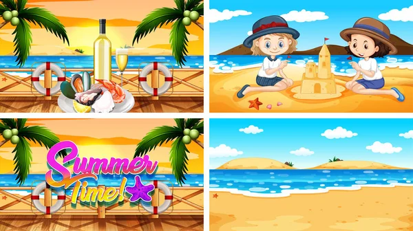 Четыре фоновых сцены с летом на пляже — стоковый вектор