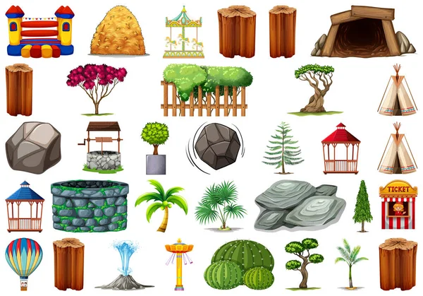 Colección de objetos temáticos de naturaleza exterior y elementos vegetales — Archivo Imágenes Vectoriales