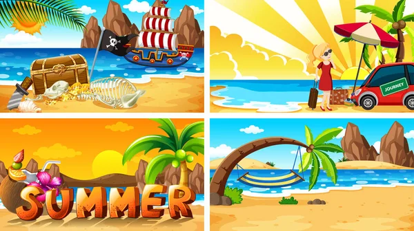 Cuatro escenas de fondo con verano en la playa — Vector de stock