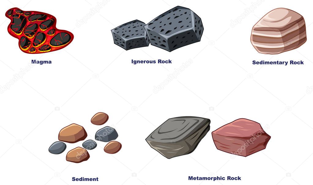 Different types of rocks on white background