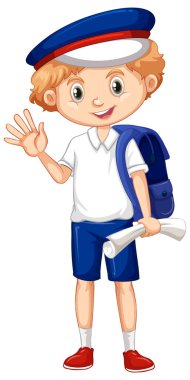 Mavi sırt çantalı mutlu bir çocuk.