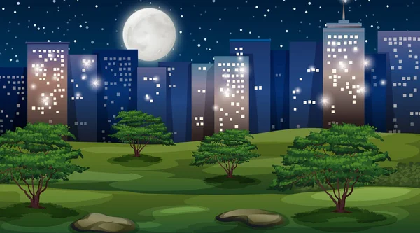 Paisaje urbano por la noche con parque en primer plano — Vector de stock