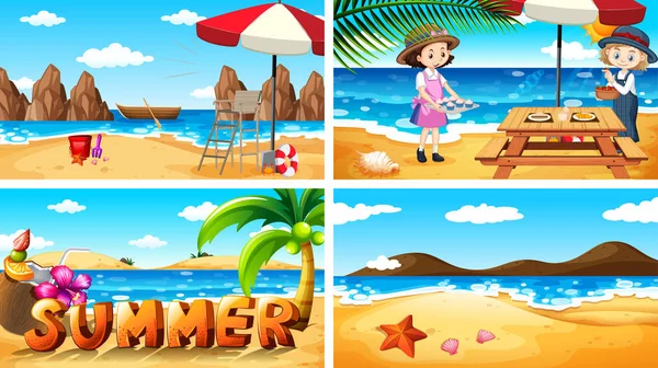 Cuatro escenas de fondo con verano en la playa — Vector de stock