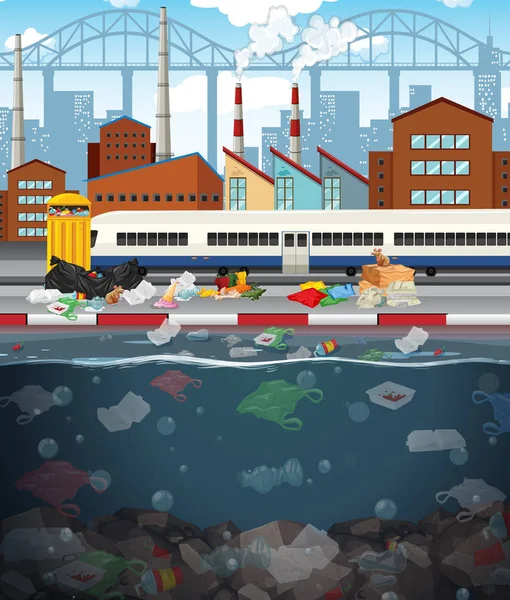 Contaminación del agua con bolsas de plástico en la ciudad — Archivo Imágenes Vectoriales