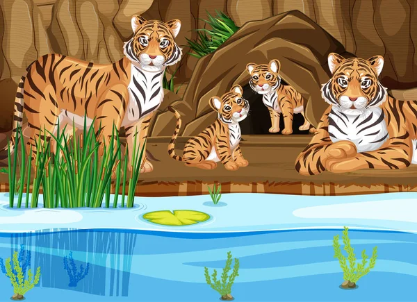 Familia Tigre junto al estanque — Archivo Imágenes Vectoriales