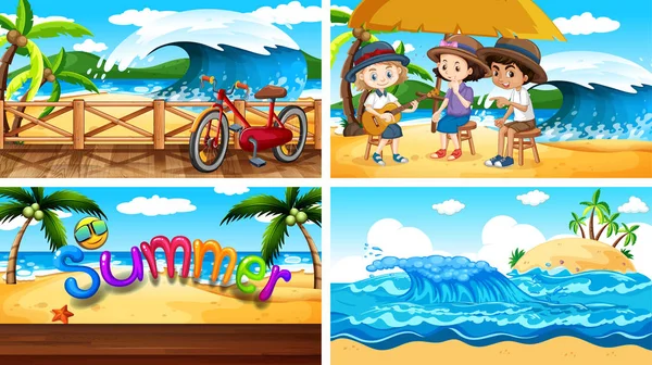 Cuatro escenas de fondo con niños en la playa — Vector de stock