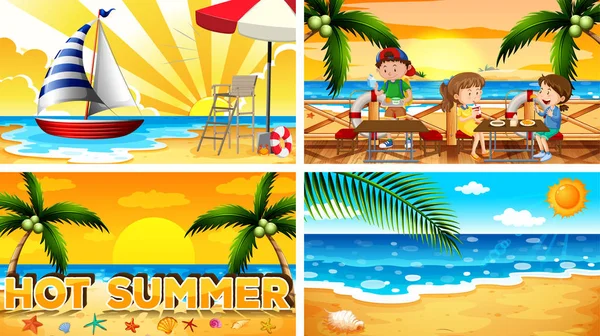 Four background scenes with people on the beach — Stock Vector