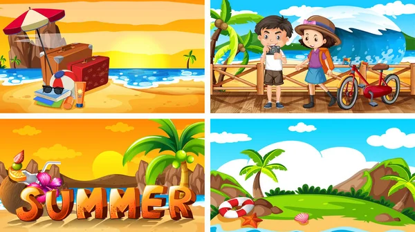 Cuatro escenas de fondo con verano en la playa — Vector de stock