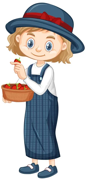 One happy girl with bowl of strawberries — Stock Vector