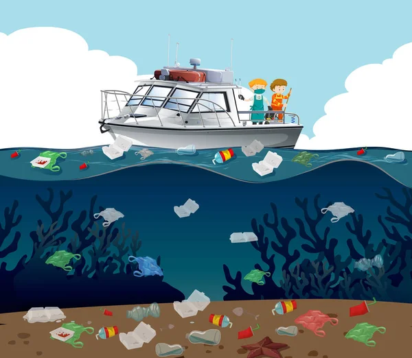Plakat zur Wasserverschmutzung mit Müll im Meer — Stockvektor