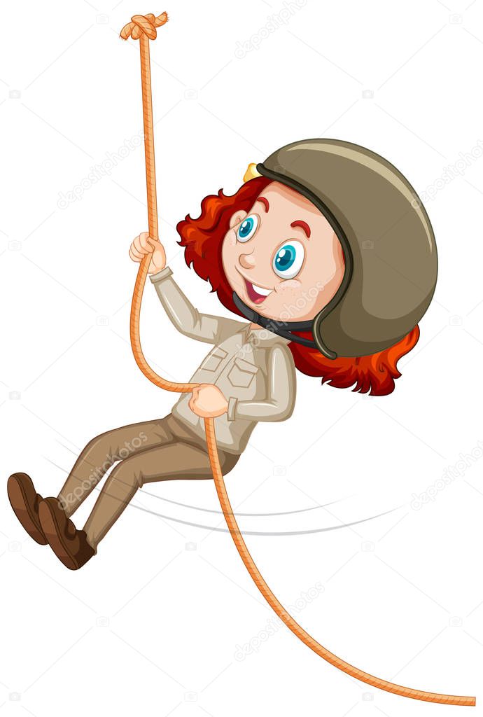 Girl climbing rope on white background