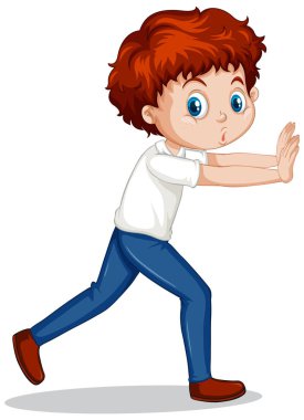 Boy pushing wall on white background clipart