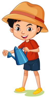 Sulama kutusu olan mutlu bir çocuk.