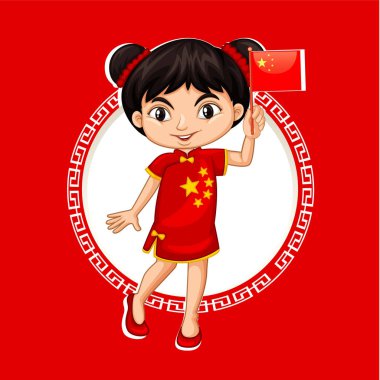 Kırmızı kostümlü Çinli kız elinde bayrak tutuyor.