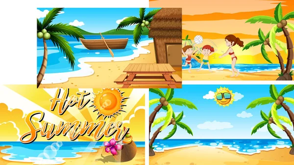 Cuatro escenas de fondo con verano en la playa — Vector de stock