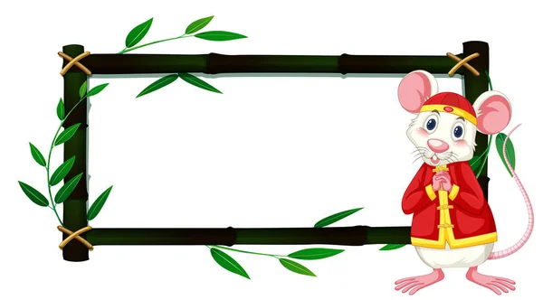 带有中国服装和竹框的老鼠边框模板 — 图库矢量图片