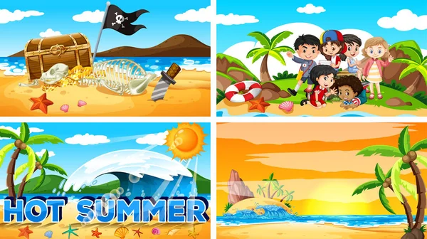 Quatre scènes de fond avec l'été sur la plage — Image vectorielle