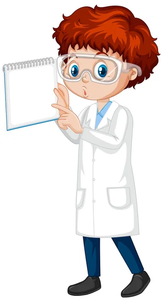 Niño en vestido de ciencia con cuaderno sobre fondo blanco — Vector de stock