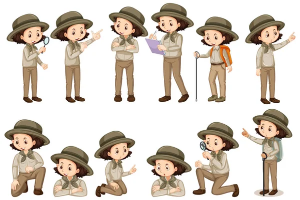 Girl in safari outfit doing different poses — 스톡 벡터