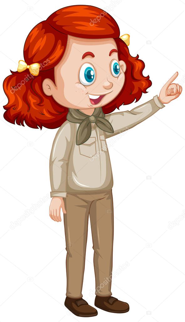 Girl in safari outfit pointing on white background