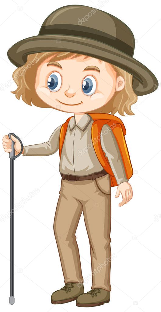 Girl in hiking outfit on white background