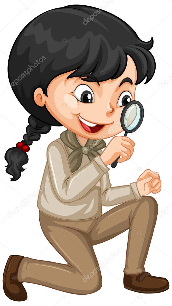 Girl with magnifying glass on white background