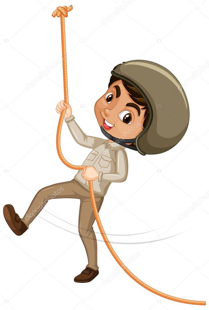 Boy climbing rope on white background