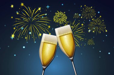Arka planda iki bardak şampanya ve havai fişek var.