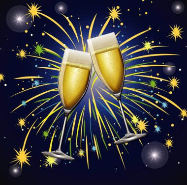 Arka planda iki bardak şampanya ve havai fişek var.
