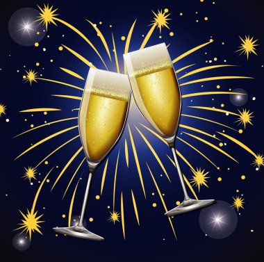 Arka planda iki bardak şampanya ve havai fişek var.