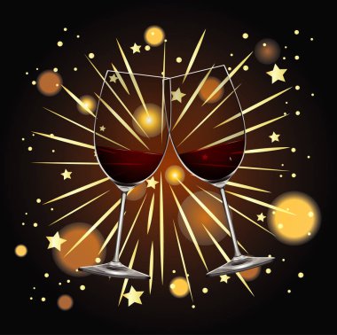 Arka planda iki bardak şampanya ve havai fişek var.